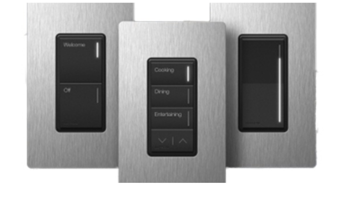Lutron RadioRA3 Sunnata engraved keypads and dimmer on satin metal plates