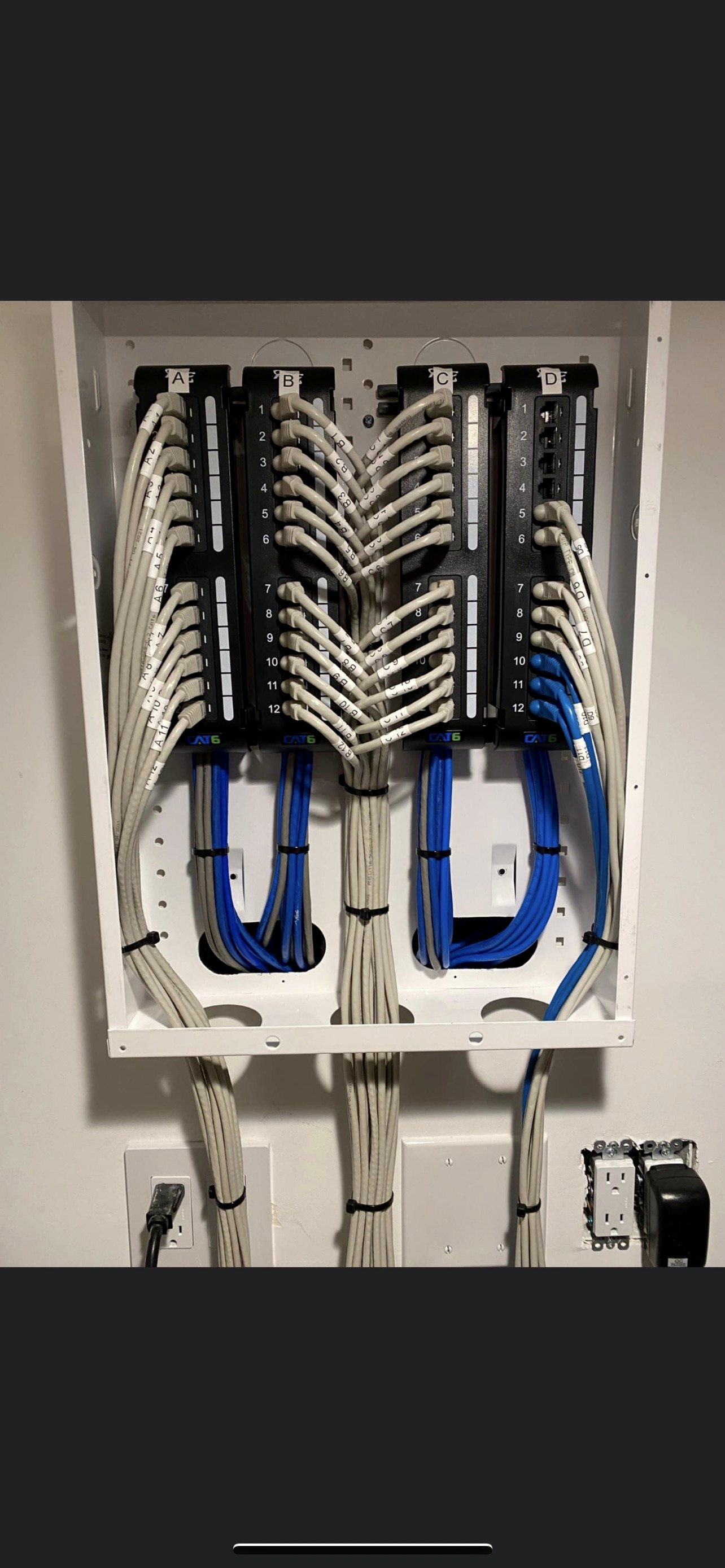 Wall-mounted Cat6 patch panel with neat cable management